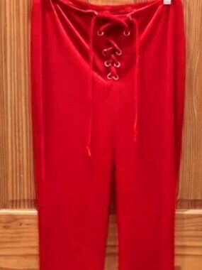 Red Lace Up Velvet Bell Bottom Pants